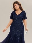 Embroidered Sequin Ruffle Sleeve Evening Dress – Navy Blue