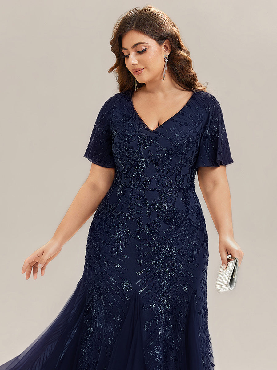 Embroidered Sequin Ruffle Sleeve Evening Dress - Navy Blue Embroidered Sequin Ruffle Sleeve Evening Dress - Navy Blue