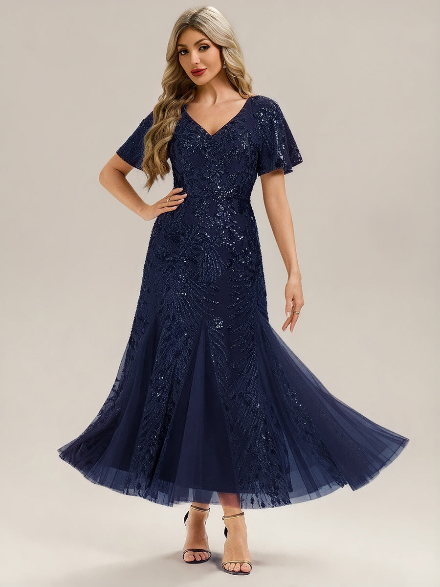 Embroidered Sequin Ruffle Sleeve Evening Dress - Navy Blue Embroidered Sequin Ruffle Sleeve Evening Dress - Navy Blue