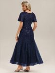 Embroidered Sequin Ruffle Sleeve Evening Dress – Navy Blue