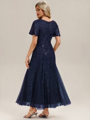 Embroidered Sequin Ruffle Sleeve Evening Dress - Navy Blue