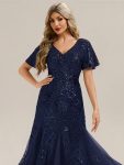 Embroidered Sequin Ruffle Sleeve Evening Dress – Navy Blue