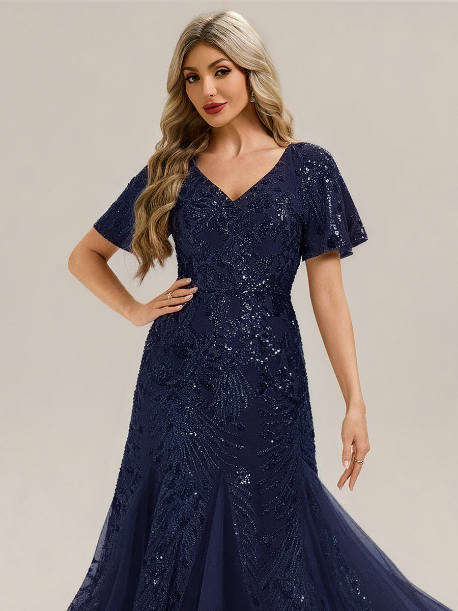Embroidered Sequin Ruffle Sleeve Evening Dress - Navy Blue Embroidered Sequin Ruffle Sleeve Evening Dress - Navy Blue