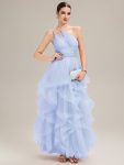 Pleated Mesh Sleeveless Evening Dress - Ice Blue