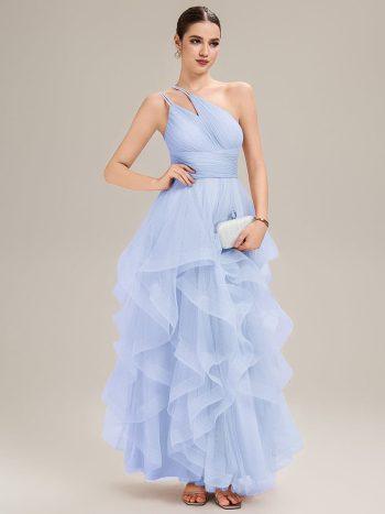 Pleated Mesh Sleeveless Evening Dress - Ice Blue