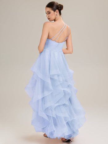 Pleated Mesh Sleeveless Evening Dress - Ice Blue