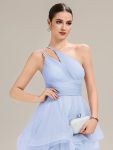 Pleated Mesh Sleeveless Evening Dress – Ice Blue