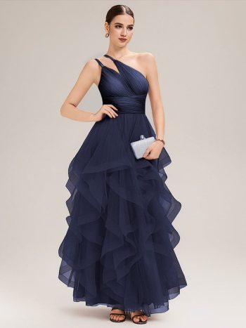 Pleated Mesh Sleeveless Evening Dress - Navy Blue