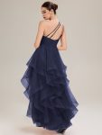 Pleated Mesh Sleeveless Evening Dress – Navy Blue