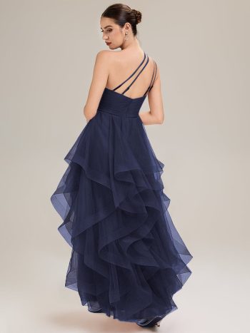 Pleated Mesh Sleeveless Evening Dress - Navy Blue