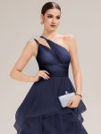Pleated Mesh Sleeveless Evening Dress – Navy Blue