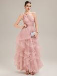 Pleated Mesh Sleeveless Evening Dress - Pink