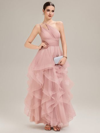 Pleated Mesh Sleeveless Evening Dress - Pink