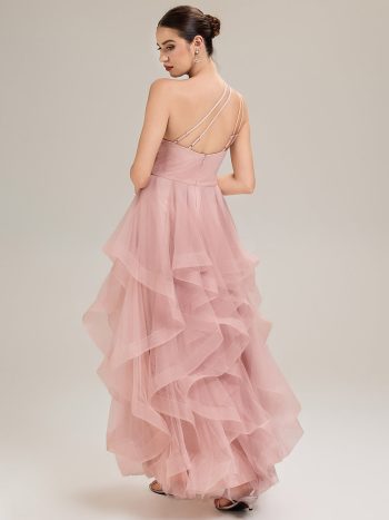Pleated Mesh Sleeveless Evening Dress - Pink
