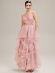 Pleated Mesh Sleeveless Evening Dress – Pink
