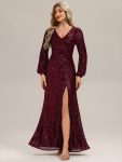 Deep V-Neck Sequin Lantern Sleeve Evening Dress - Burgundy
