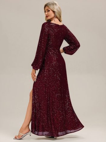 Deep V-Neck Sequin Lantern Sleeve Evening Dress - Burgundy