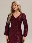Deep V-Neck Sequin Lantern Sleeve Evening Dress – Burgundy