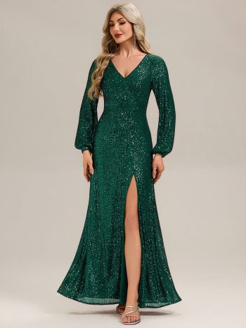 Deep V-Neck Sequin Lantern Sleeve Evening Dress - Dark Green
