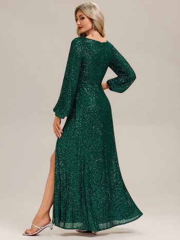 Deep V-Neck Sequin Lantern Sleeve Evening Dress - Dark Green