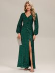 Deep V-Neck Sequin Lantern Sleeve Evening Dress – Dark Green