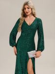 Deep V-Neck Sequin Lantern Sleeve Evening Dress – Dark Green