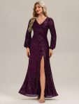 Deep V-Neck Sequin Lantern Sleeve Evening Dress – Dark Purple