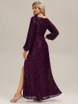 Deep V-Neck Sequin Lantern Sleeve Evening Dress - Dark Purple