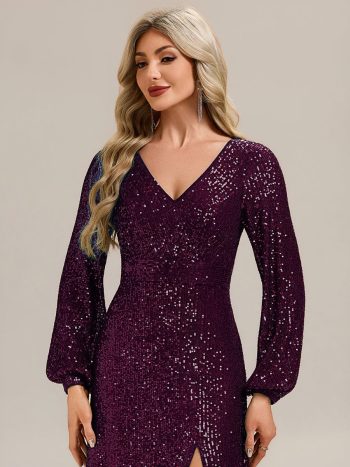 Deep V-Neck Sequin Lantern Sleeve Evening Dress - Dark Purple