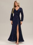 Deep V-Neck Sequin Lantern Sleeve Evening Dress - Navy Blue