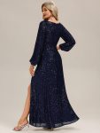 Deep V-Neck Sequin Lantern Sleeve Evening Dress – Navy Blue