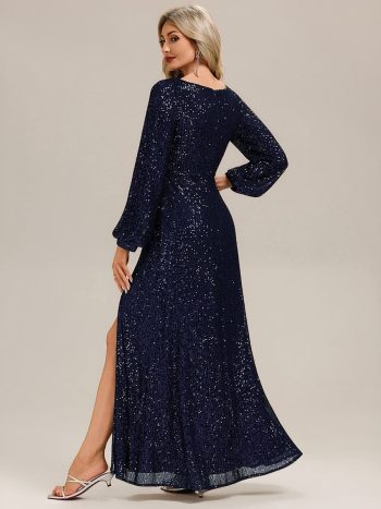 Deep V-Neck Sequin Lantern Sleeve Evening Dress - Navy Blue