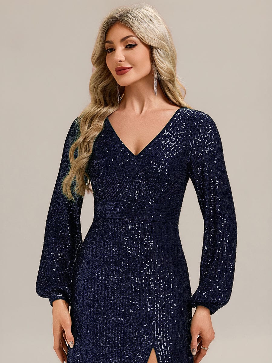 Deep V-Neck Sequin Lantern Sleeve Evening Dress - Navy Blue Deep V-Neck Sequin Lantern Sleeve Evening Dress - Navy Blue