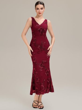 Deep V-Neck Embroidered Sleeveless Evening Dress - Burgundy
