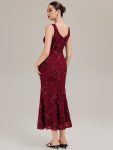 Deep V-Neck Embroidered Sleeveless Evening Dress – Burgundy