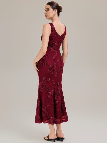 Deep V-Neck Embroidered Sleeveless Evening Dress - Burgundy