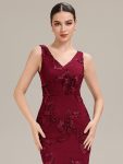 Deep V-Neck Embroidered Sleeveless Evening Dress – Burgundy