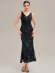 Deep V-Neck Embroidered Sleeveless Evening Dress – Black
