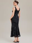 Deep V-Neck Embroidered Sleeveless Evening Dress – Black
