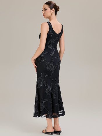 Deep V-Neck Embroidered Sleeveless Evening Dress - Black