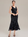 Deep V-Neck Embroidered Sleeveless Evening Dress – Black