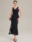 Deep V-Neck Embroidered Sleeveless Evening Dress - Black