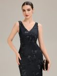 Deep V-Neck Embroidered Sleeveless Evening Dress – Black