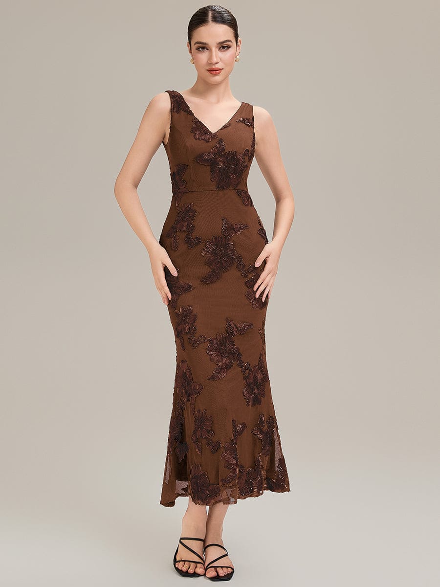 Deep V-Neck Embroidered Sleeveless Evening Dress - Brown Deep V-Neck Embroidered Sleeveless Evening Dress - Brown