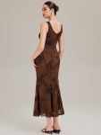 Deep V-Neck Embroidered Sleeveless Evening Dress – Brown