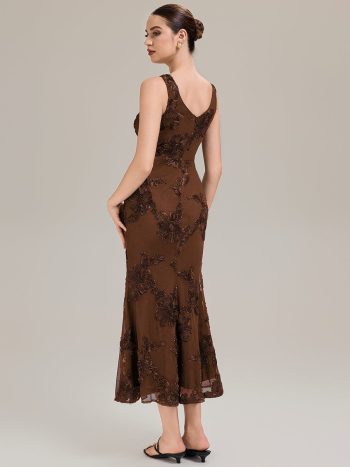 Deep V-Neck Embroidered Sleeveless Evening Dress - Brown