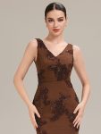 Deep V-Neck Embroidered Sleeveless Evening Dress – Brown