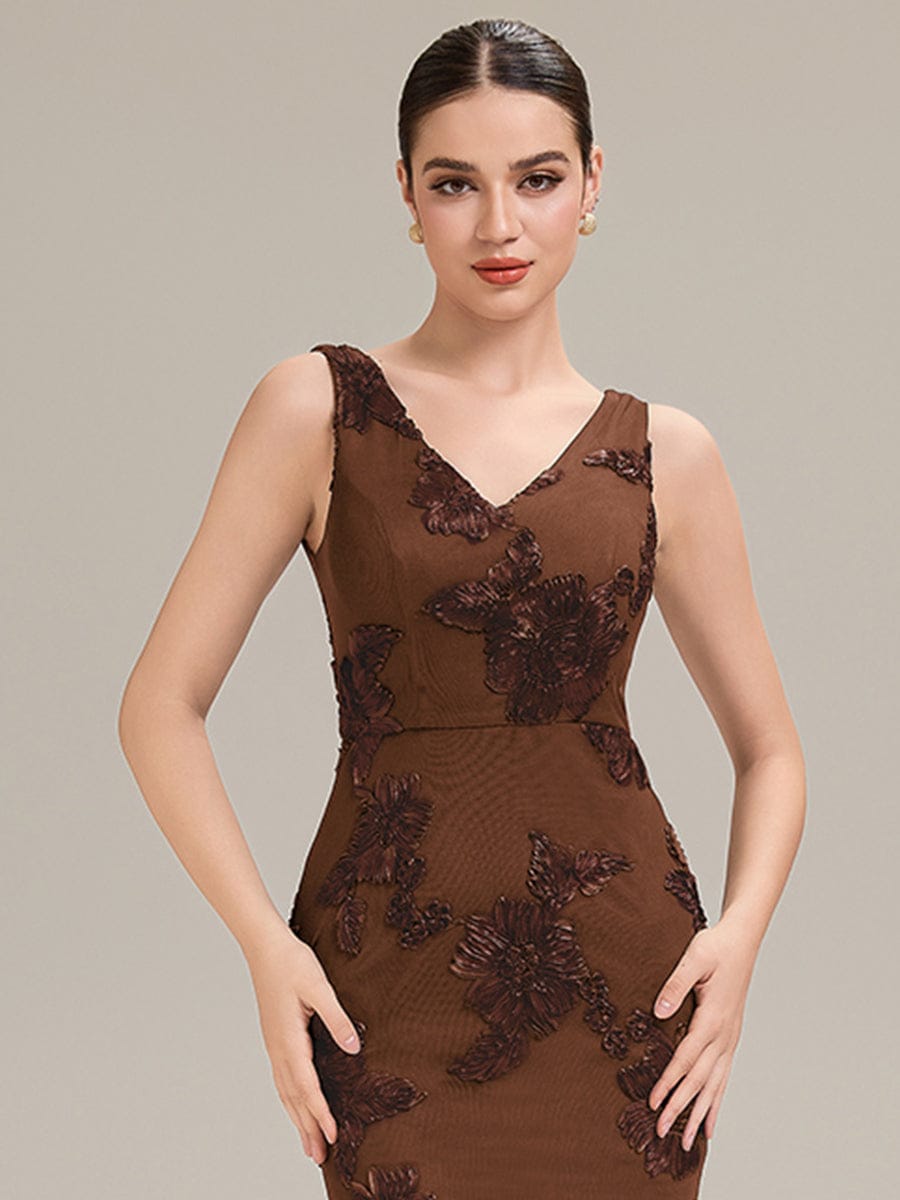 Deep V-Neck Embroidered Sleeveless Evening Dress - Brown Deep V-Neck Embroidered Sleeveless Evening Dress - Brown
