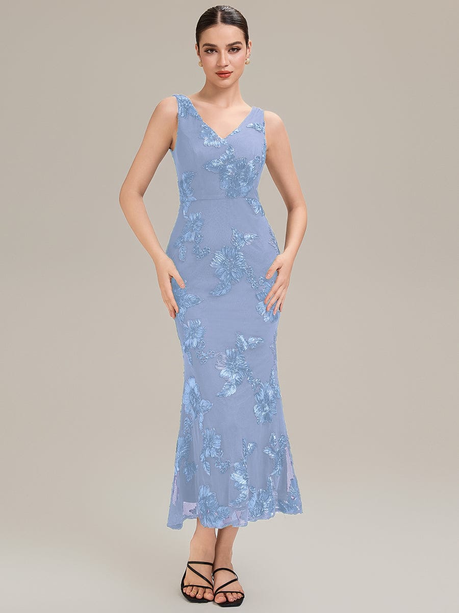 Deep V-Neck Embroidered Sleeveless Evening Dress - Ice Blue Deep V-Neck Embroidered Sleeveless Evening Dress - Ice Blue