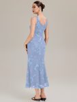 Deep V-Neck Embroidered Sleeveless Evening Dress – Ice Blue